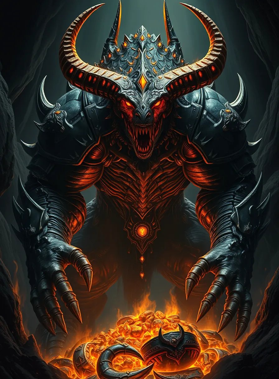 GRENDEL, the armored beast guarding a hoard of gold